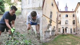 Matěj Stropnický se svým přítelem u zámku trhají břečťan.