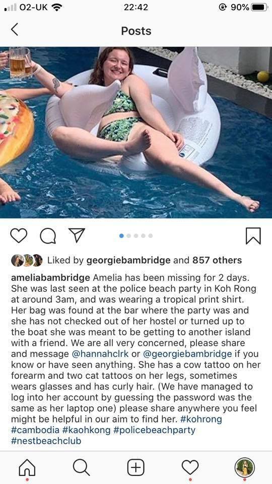 Amelia Bambridge (21) se pohřešuje v Kambodži. Studentku naposledy viděli na party na pláži ve tři hodiny ráno.