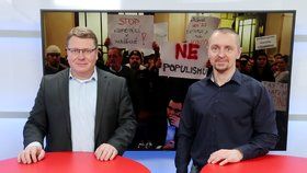 Nově zvolený starosta Prahy 1 Petr Hejma (STAN) hostem Studia Blesk dne 15.1.2020. Vpravo moderátor Bohuslav Štěpánek.