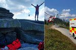 Záchranná akce na Šumavě: Turista spadl ze skály, letěl pro něj vrtulník.