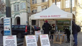 Na Malostranském náměstí, kousek od Poslanecké sněmovny, se v úterý odpoledne podepisovala petice za „dobrý zákon“ o Šumavě.