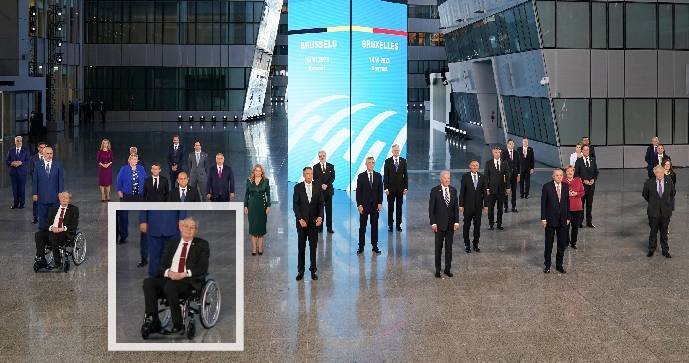 Summit NATO v Bruselu: Prezident Zeman na rodinné fotografii (14.6.2021)