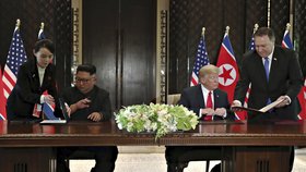 Kim Čong-unovi během podpisu smlouvy asistovala jeho mladší sestra Kim Jo-čong. Trumpovi ministr zahraničí Mike Pompeo.