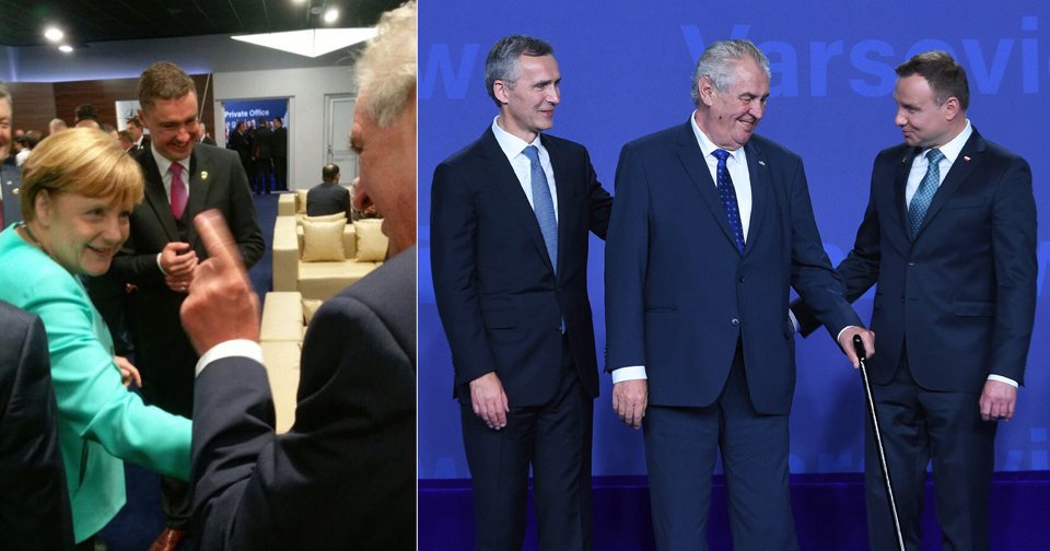 Miloš Zeman pohrozil Angele Merkelové. Na summitu ho přivítali i Andrzej Duda a šéf NATO Jens Stoltenberg.
