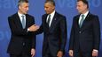 Summit NATO ve Varšavě. Zleva: generální tajemník aliance Jens Stoltenberg, americký prezident Barack Obama a polský prezident Andrzej Duda