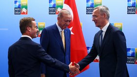 Jednání ve Vilniusu před summitem NATO: Šéf NATO Stolteberg, turecký prezident Erdogan a švédský premiér Ulf Kristersson