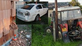 Opilý mladík vlezl do traktoru, pří jízdě zranil maminku s dítětem a poškodil osobní vůz i novostavbu.