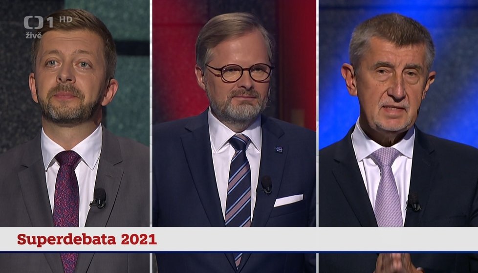 Superdebata ČT: Rakušan (STAN), Fiala (ODS) a Babiš (ANO) (6.10.2021)