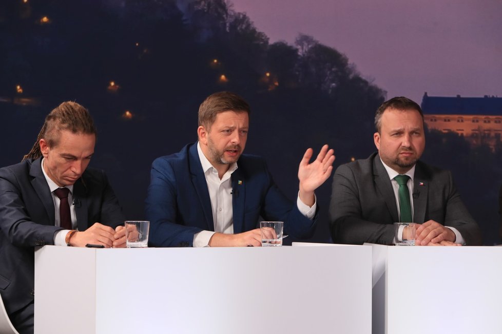 Superdebata lídrů Blesku: Ministr pro místní rozvoj Ivan Bartoš (Piráti), ministr vnitra Vít Rakušan (STAN) a ministr práce a sociálních věcí Marian Jurečka (KDU-ČSL) (22.9.2022)