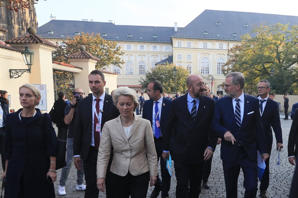 Závěr pražského supersummitu: Na závěrečné tiskovce se sešli Petr Fiala, Charles Michel a Ursula von der Leyenová (7.10.2022)