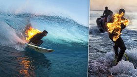 Surfař Jamie O&#39;Brien se zapálil a sjel vlnu.