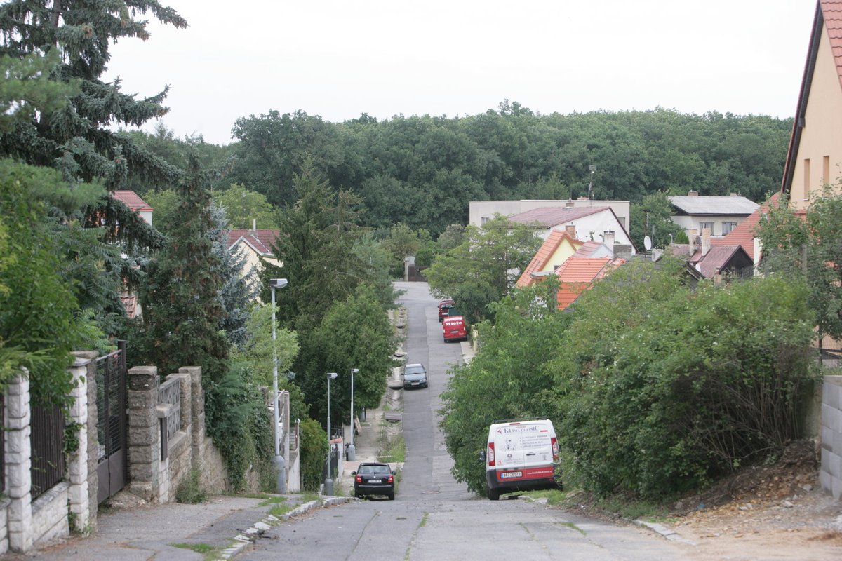 Na konci této ulice se nachází les, v němž byl Švarc nalezen oběšený.