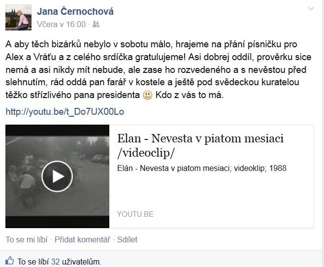 Poslankyně Černochová (ODS) napsala na Facebooku o svatbě kancléře Mynáře a moderátorky Alex