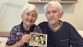 Jiřina (82) a Jiří (83) Ticháčkovi ukazují svou svatební fotku.
