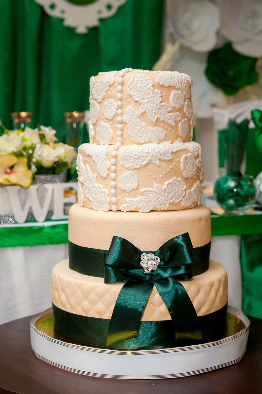 honosný romantický svatební dort se zelenou stuhou