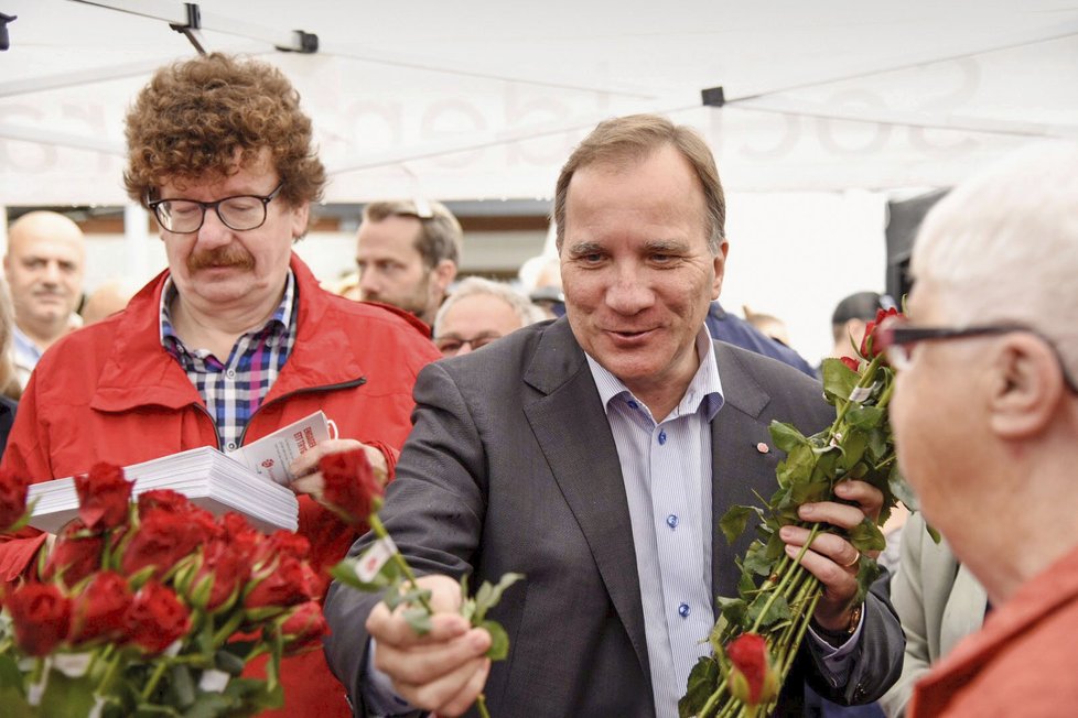 Stávající švédský premiér Stefan Löfven během volební kampaně rozdával růže.