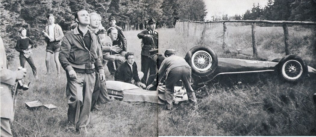 Havarované ferrari Petera Collinse, které 3. srpna 1958 pohřbilo při havárii svého pilota ve chvíli, kdy jel na prvním místě. Britovi bylo pouhých šestadvacet let.