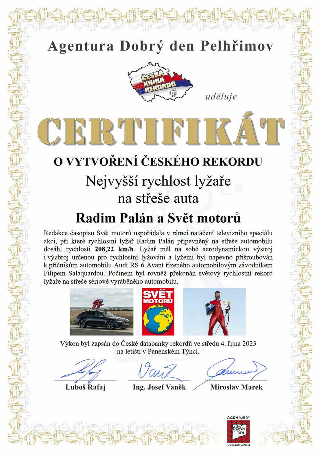 Světový rekord Světa motorů a lyžaře Radima Palána: Na střeše auta 208 km/h!