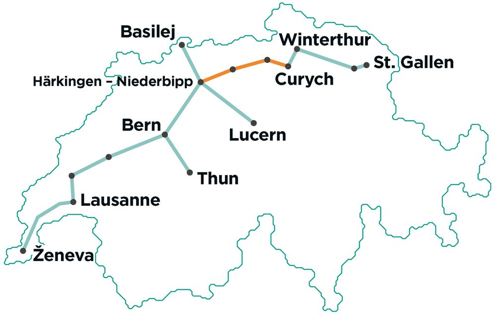 První část tunelů (vyznačená v mapě oranžově) vznikne na severu Švýcarska