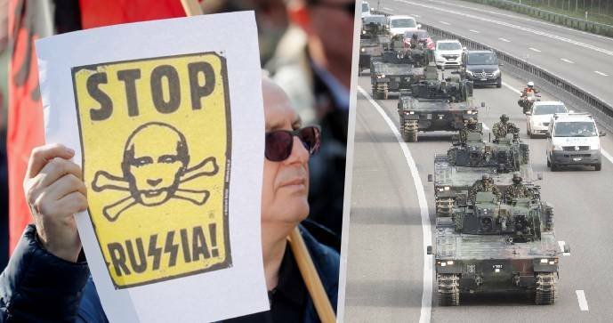 Protesty proti invazi na Ukrajinu ve švýcarském Bernu a tanky švýcarské armády