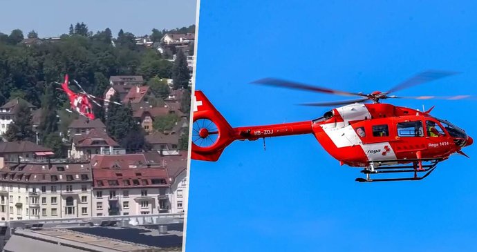 Přistání záchranného vrtulníku ve Švýcarsku