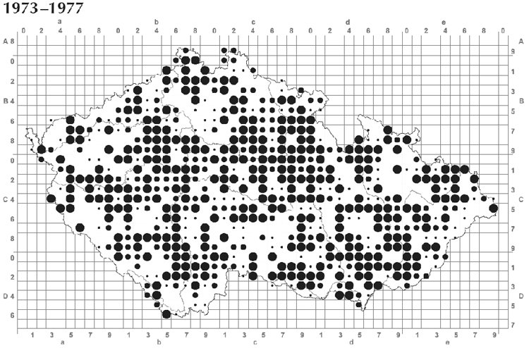 Rozšíření sýčka obecného v letech 1973–77, kdy proběhlo jeho první mapování – počet hnízdních párů: 1000–2100
