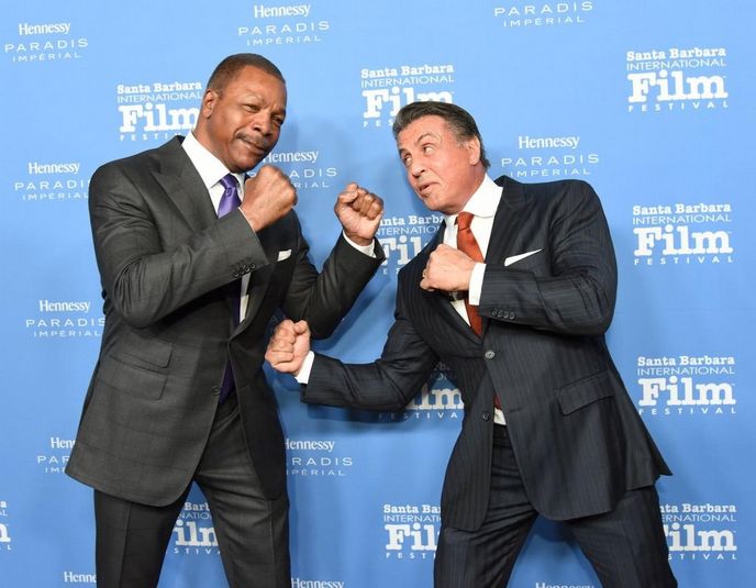 Sylvester Stallone a Carl Weathers na filmovém festivalu v Santa Barbaře v únoru 2016