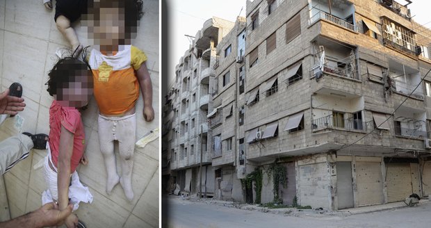 Místo na předměstí syrského Damašku, kde došlo k děsivému chemickému útoku, během kterého umíraly i nevinné děti