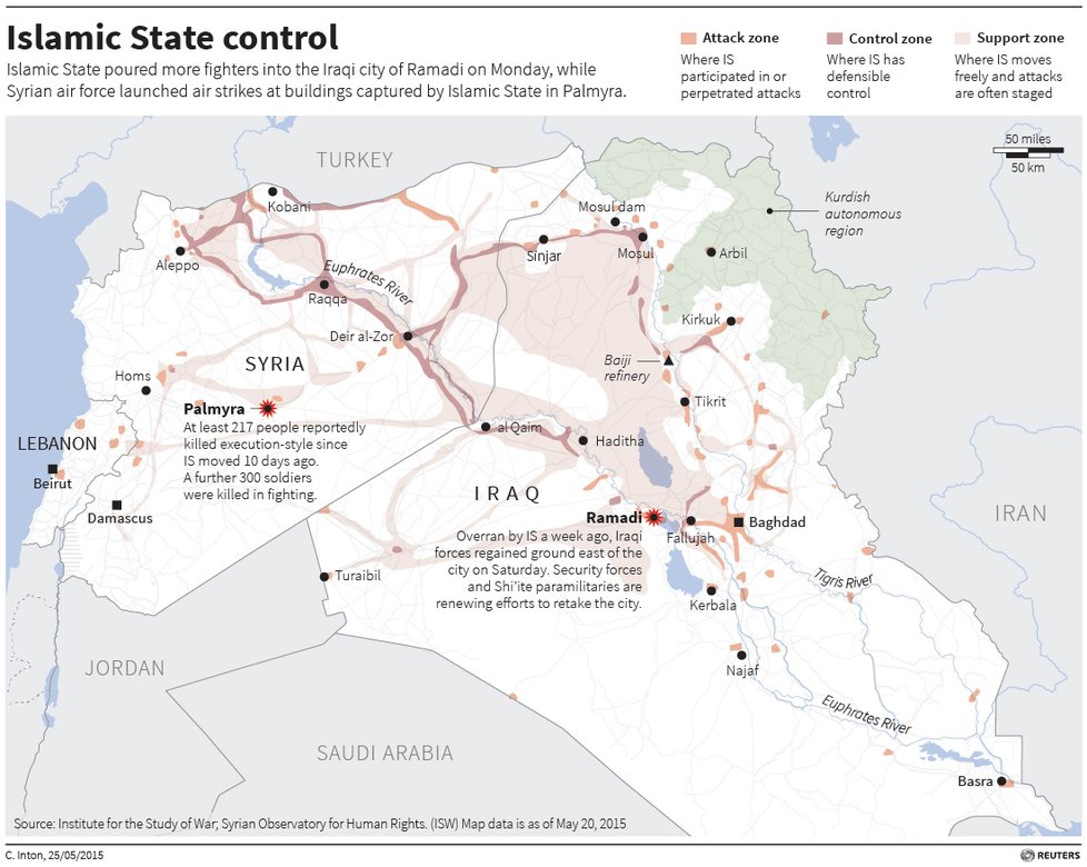 Oblasti kontrolované bojovníky Islámského státu