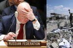 Ruský velvyslanec Vasilij Něbenzja na zasedání Rady bezpečnosti OSN a jeden ze zničených cílů v Sýrii