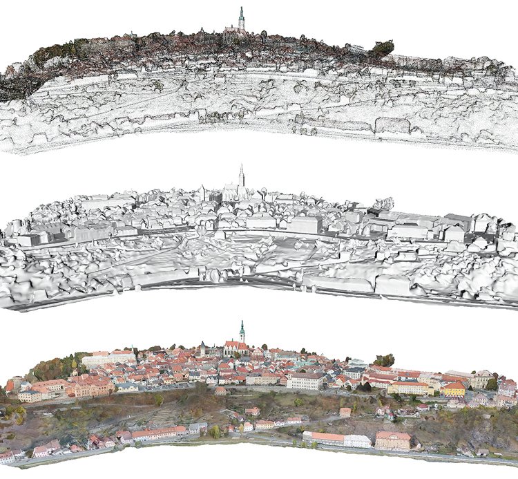Na horním obrázku vidíte mrak bodů získaný metodou videogrammetrie, uprostřed je stínovaný model a dole již hotový 3D pohled na současný střed Tábora