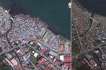 Čtvrtmilionový Tacloban před měsícem (vlevo), dnes město takřka neexistuje.