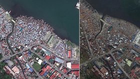 Čtvrtmilionový Tacloban před měsícem (vlevo), dnes město takřka neexistuje.