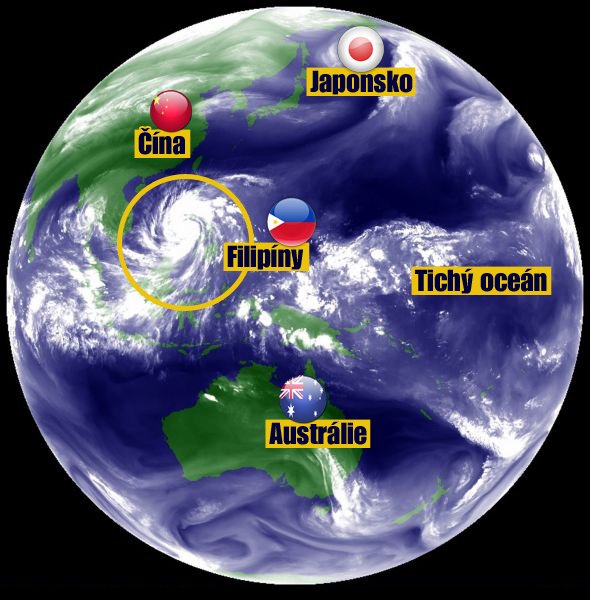 Obří oko tajfunu Haiyan na satelitním snímku zakrývá celé Filipíny.