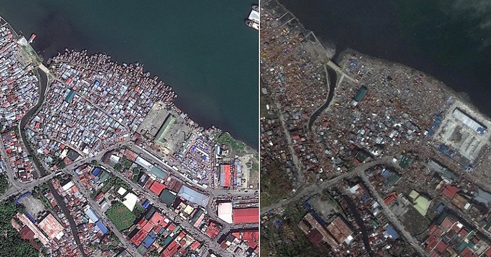 Čtvrtmilionový Tacloban před měsícem (vlevo), dnes město takřka neexistuje.