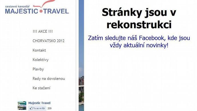 Tak vypadají dnes stránky cestovky Majestic Travel