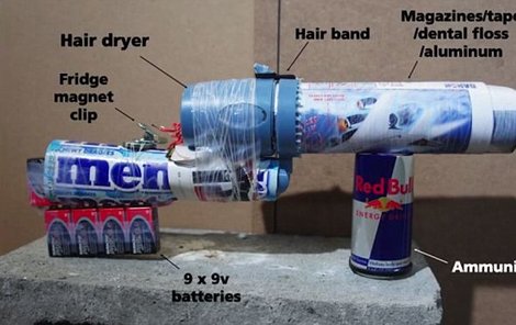 Z čeho se skládá puška  Devět 9V baterií  Fén  Magnet na lednici  Gumička  Časopis-lepící páska-zubní nit-aluminiová folie  Náboj