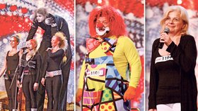 I tito soutěžící se probojovali do semifinále - zleva: tanečníci Amanitas, klaun Albertík, zpěvačka Monika Stanislavová