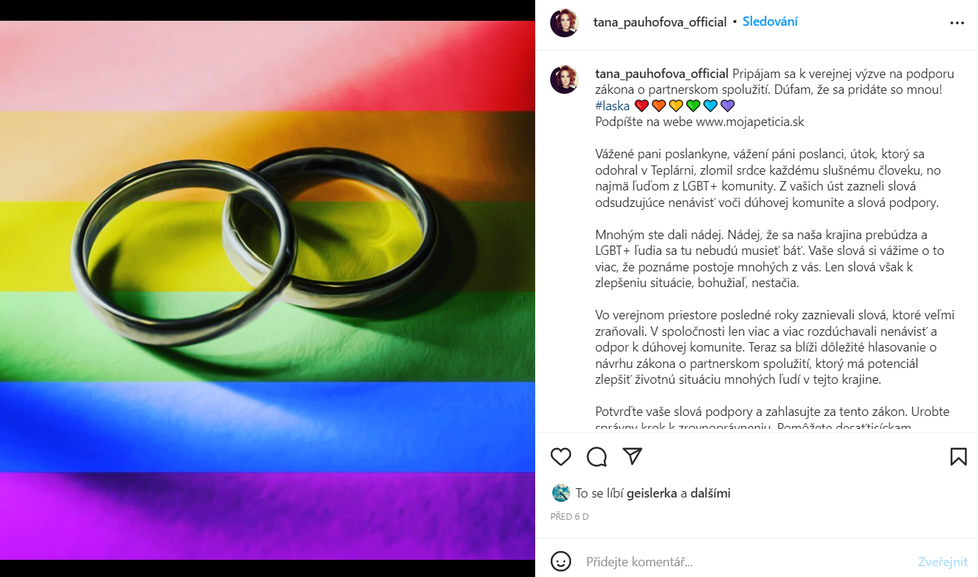 Táňa Pauhofová podpořila LGBTQ+ komunitu