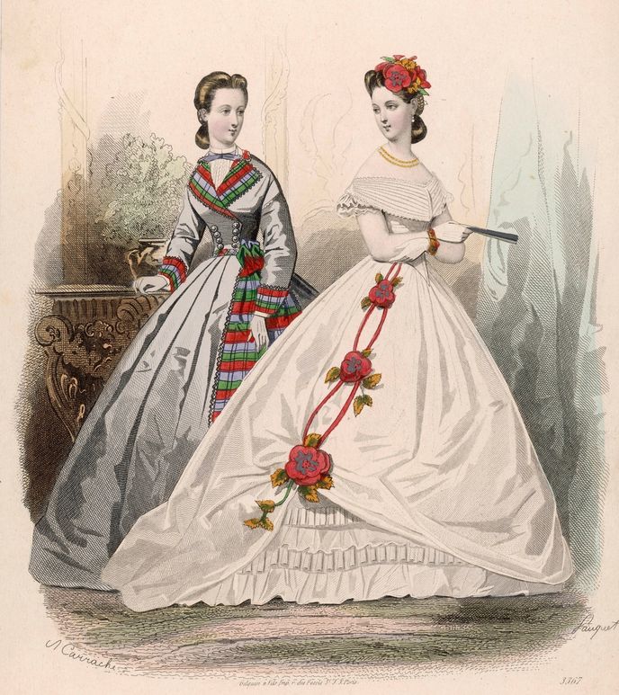 Dámské viktoriánské šaty s tartanem z roku 1865.