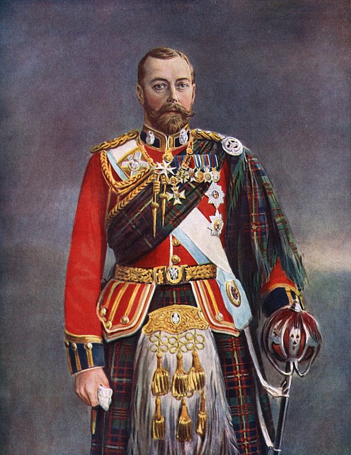 Král Jiří V. v typickém skotském obleku.