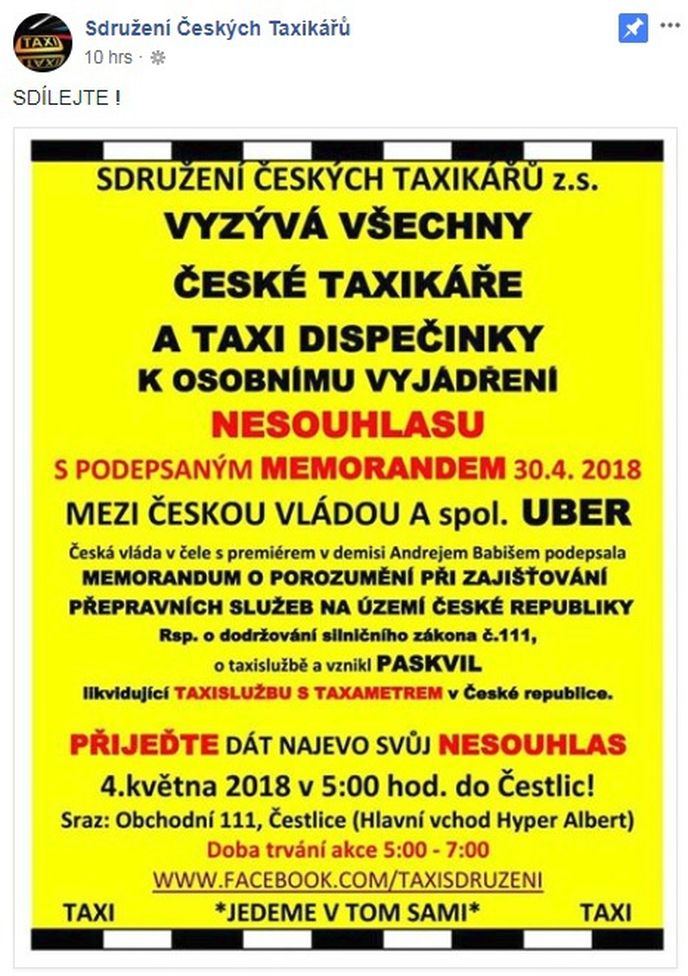 Taxikáři znovu svolávají protest proti Uberu a Taxify