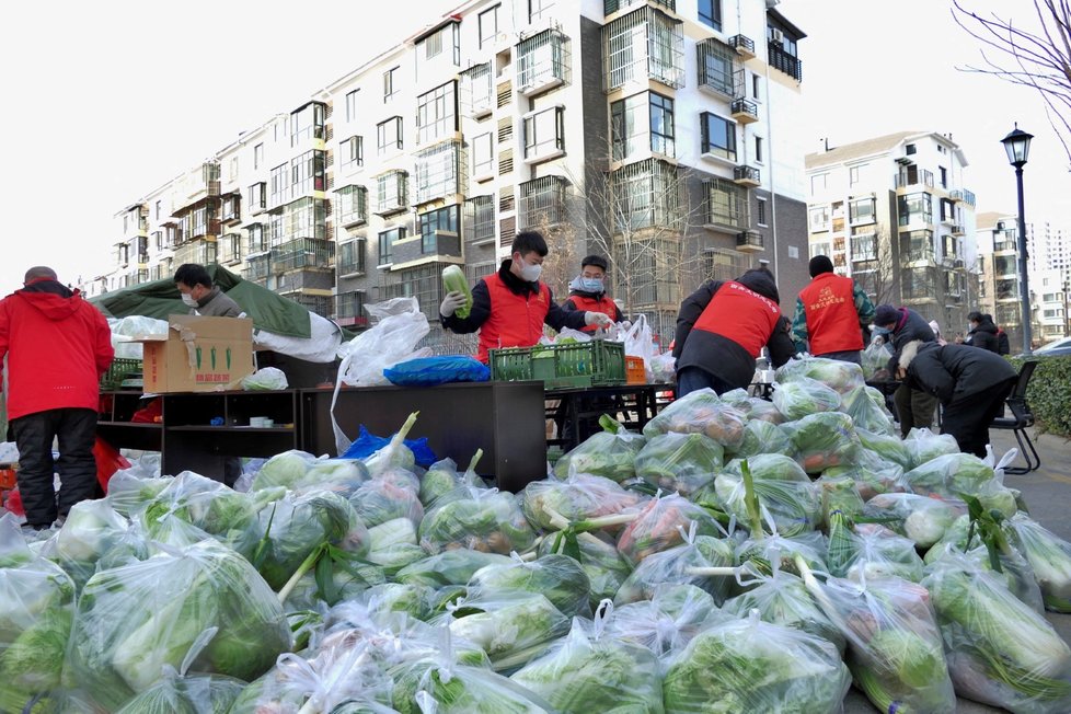 Tchien-ťin: Dobrovolníci distribuují zeleninu pro lidi v lockdownu.