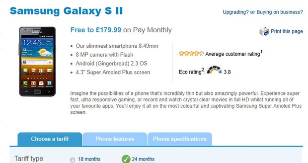Ceník za Galaxy S II ve Velké Británii