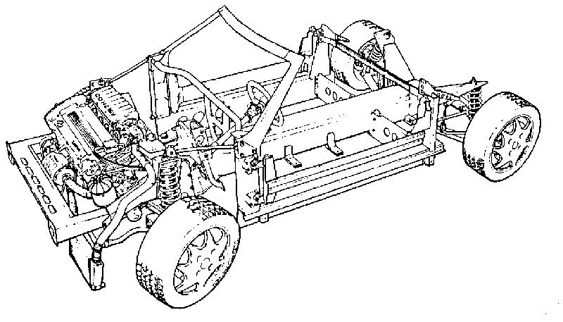 Šasi vozu Lotus Elan M100 s pohonem předních kol. Zadní náprava je vylepšenou verzí původního Chapmanova řešení