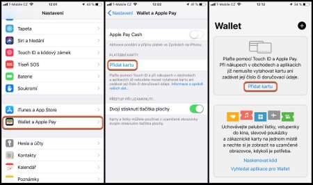 Přiřazení platební karty k Apple Pay provedete buď v nastavení (položka Wallet a Apple Pay), nebo přes aplikaci Wallet