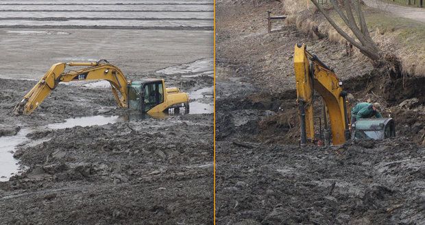 Měl vytáhnout stroj z rybníka, zapadl také: V Telči mají »pohřebiště bagrů«!