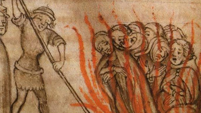 Upalování templářů ve středověku - ilsutrační kresba