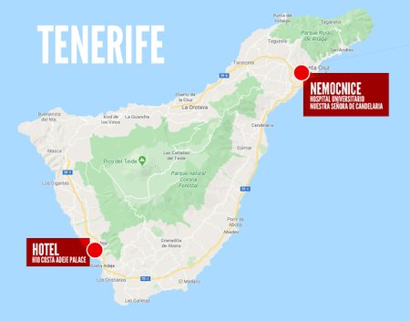 Mapa aktuální situace v souvislosti s koronavirem na ostrově Tenerife, kde jsou i Češi