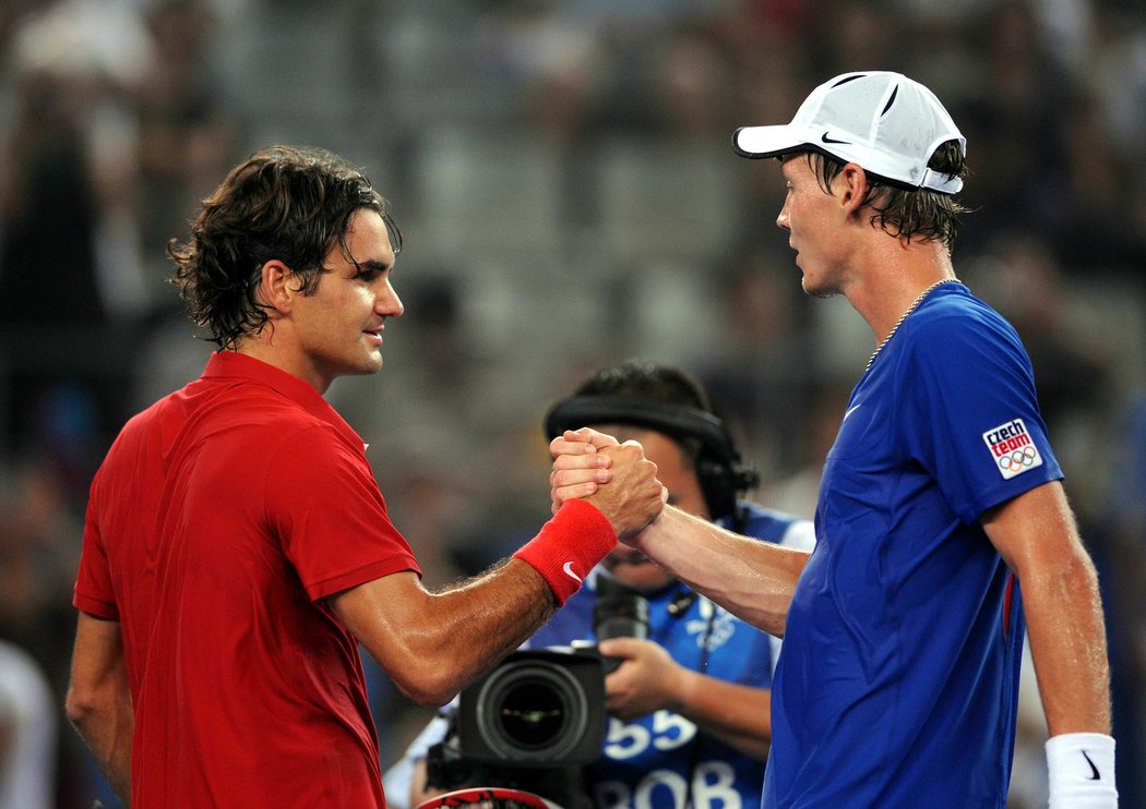 2008. Tomáš Berdych a Roger Federer na olympijském turnaji v Pekingu.